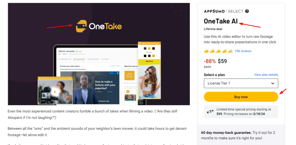 OneTake AI Price on Appsumo: