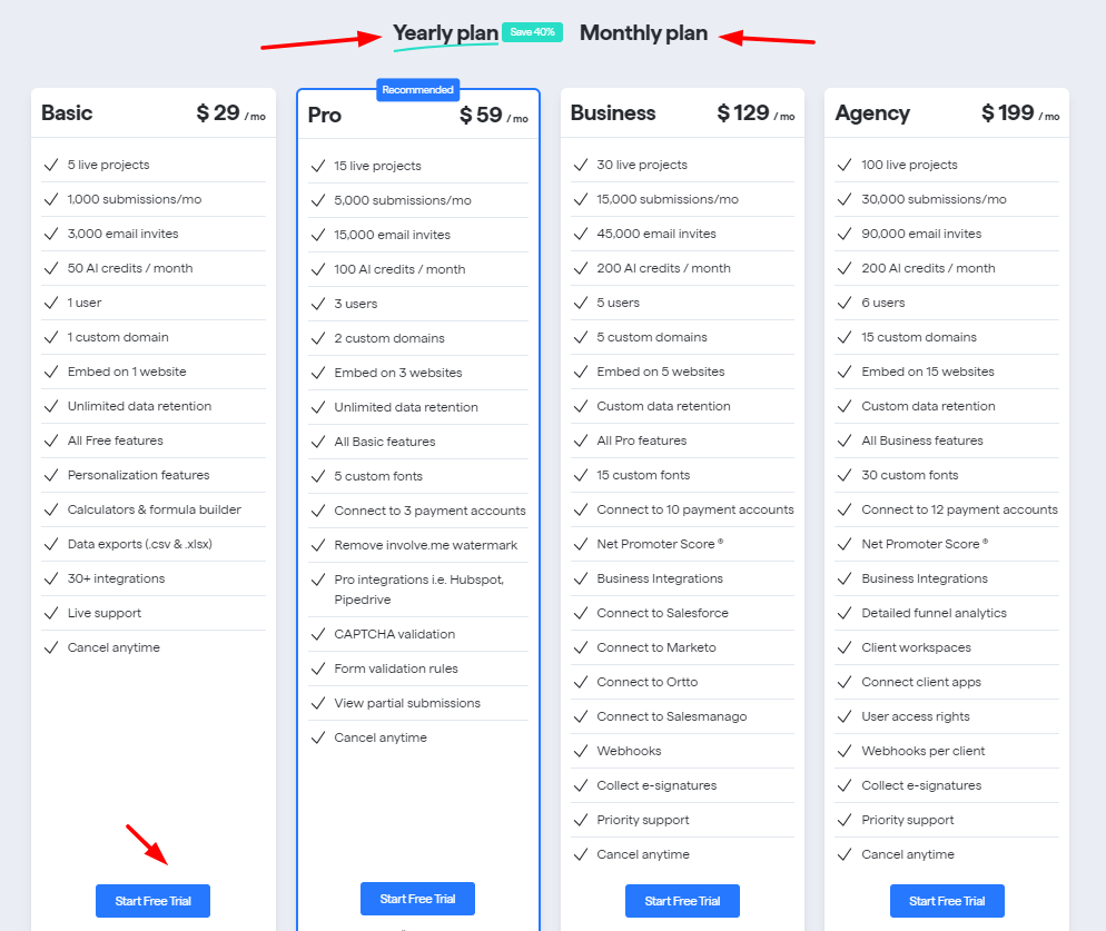 involve.me pricing and plans 